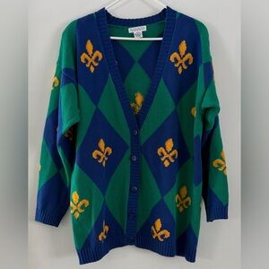 Vintage Picone Sport Argyle Cardigan Sweater M Blue Green Fleur De Lis Preppy